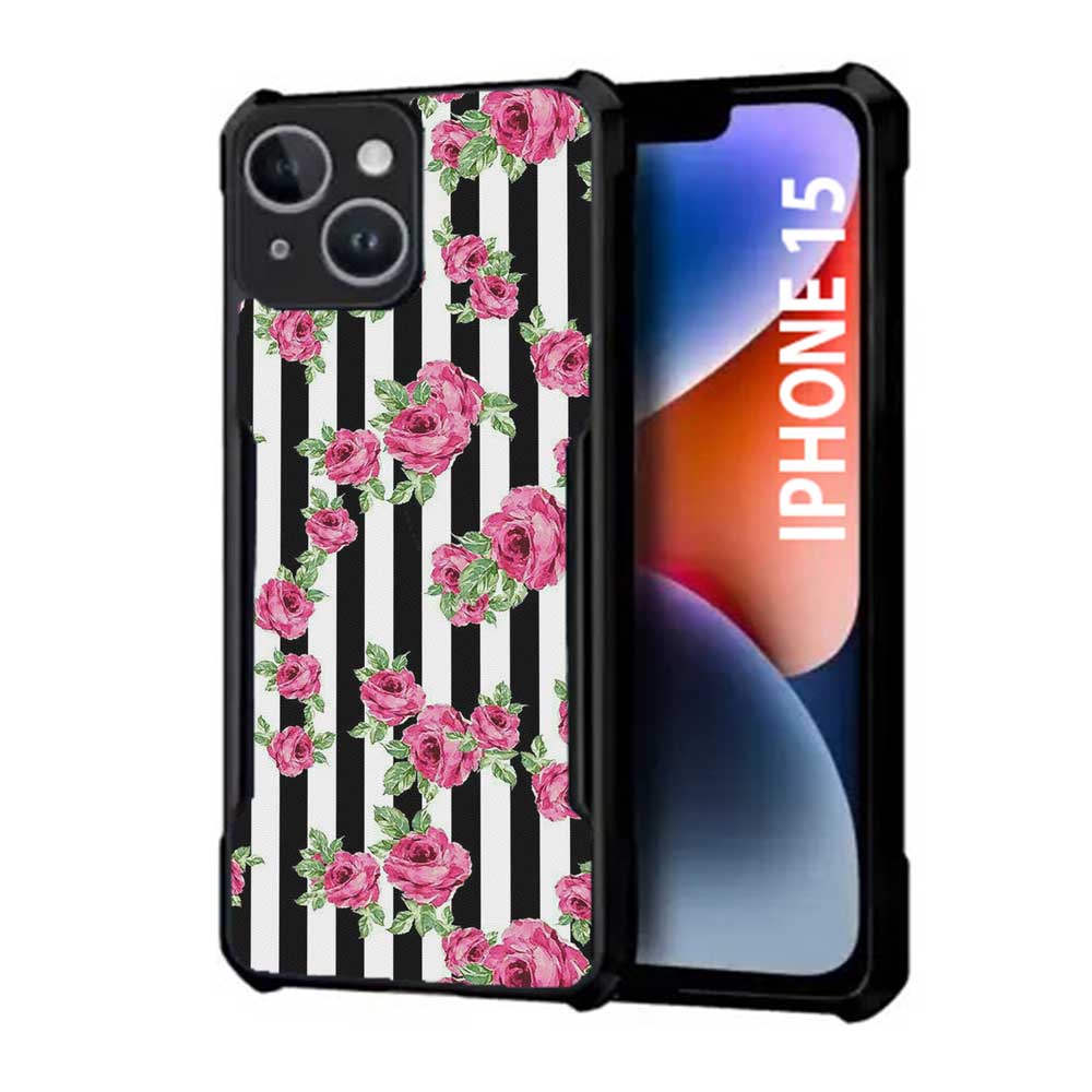 Coberta Back Cover For Apple iPhone 15 Back Cover Case - Black white stripes pink floral PT99 D11049