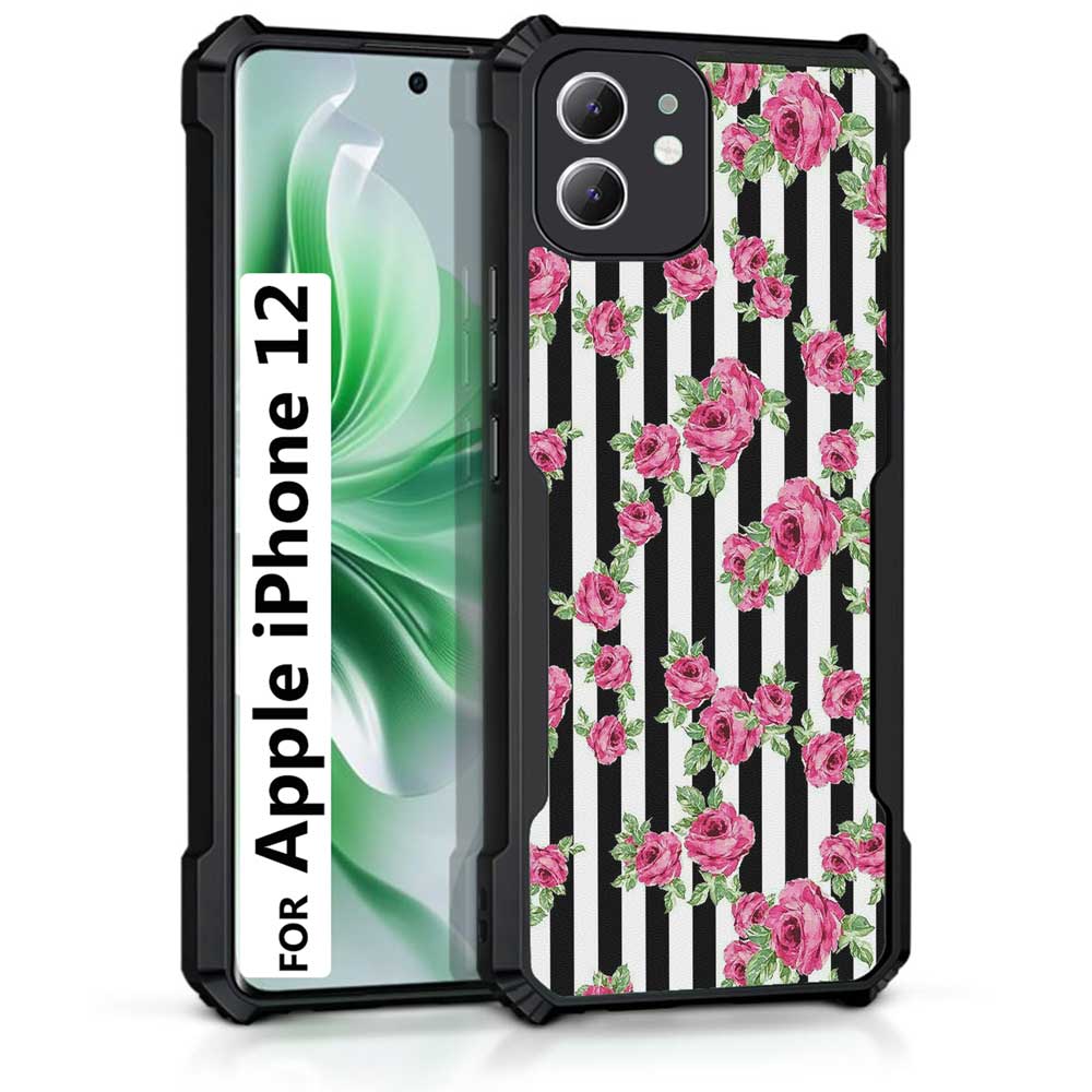 Coberta Back Cover For Apple iPhone 12 Back Cover Case - Black white stripes pink floral PT99 D11049
