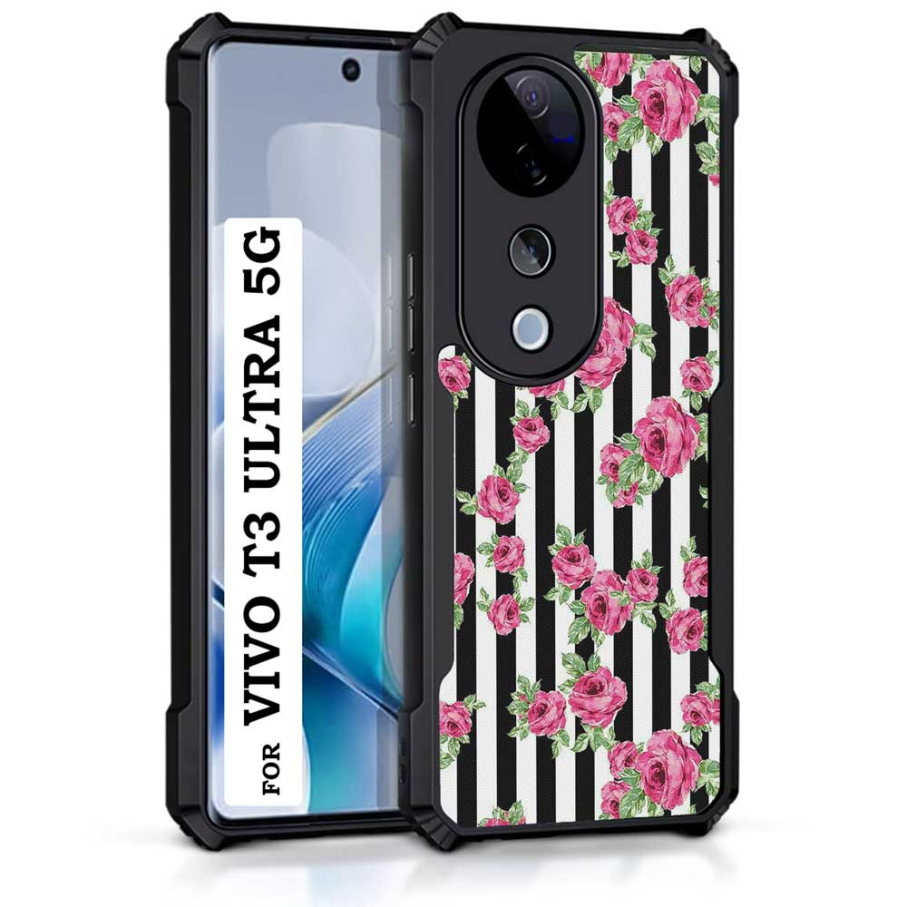 Coberta Back Cover For vivo T3 Ultra 5G Back Cover Case - Black white stripes pink floral PT99 D11049