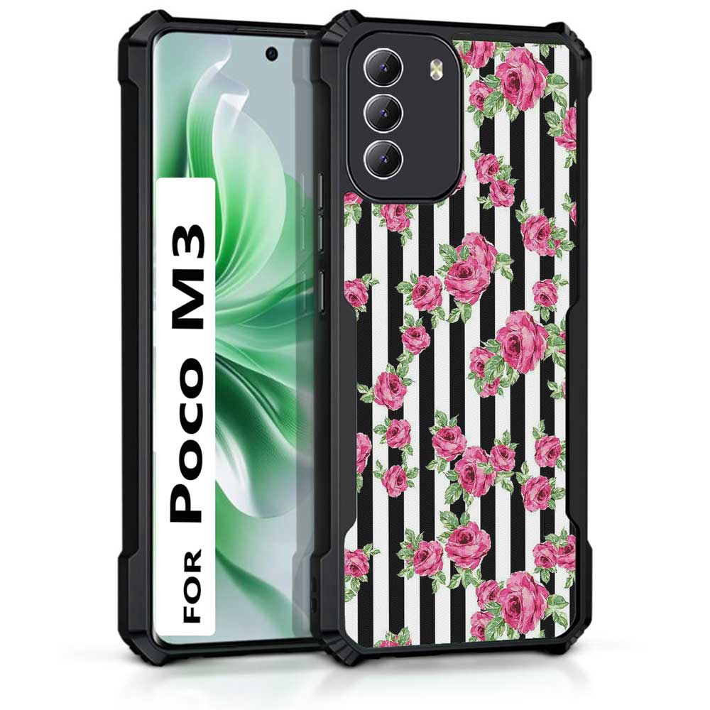 Coberta Back Cover For Poco M3 Back Cover Case - Black white stripes pink floral PT99 D11049