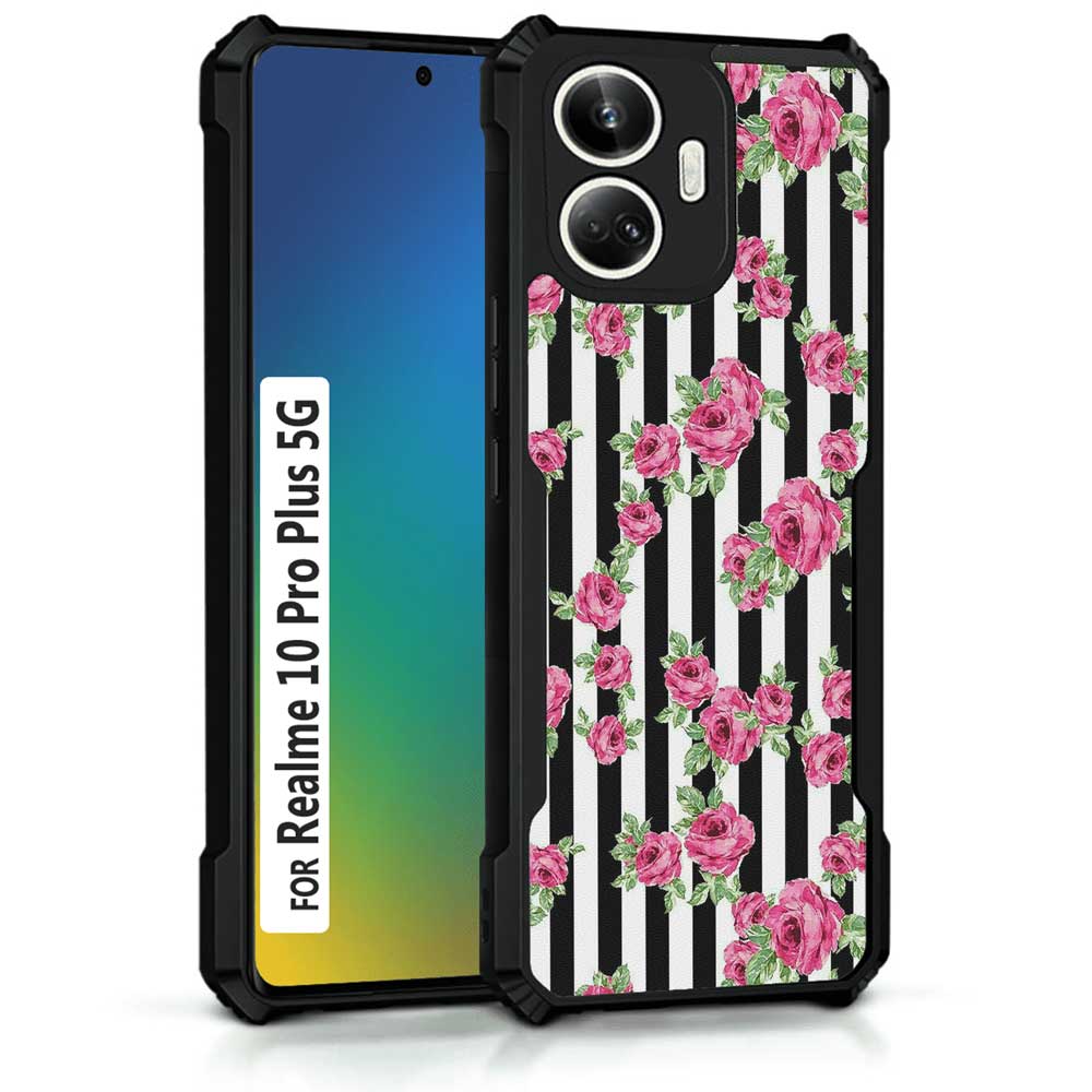 Coberta Back Cover For Realme 10 Pro Plus 5G Back Cover Case - Black white stripes pink floral PT99 D11049