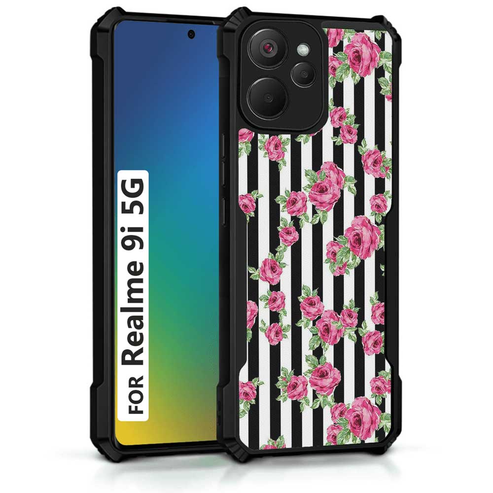 Coberta Back Cover For Realme 9i 5G Back Cover Case - Black white stripes pink floral PT99 D11049