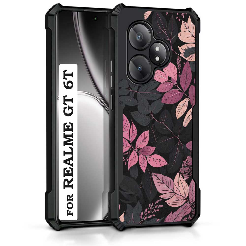 Coberta Back Cover For Realme GT 6T Back Cover Case - Pink Grey Leaf Black Background PT99 D16148