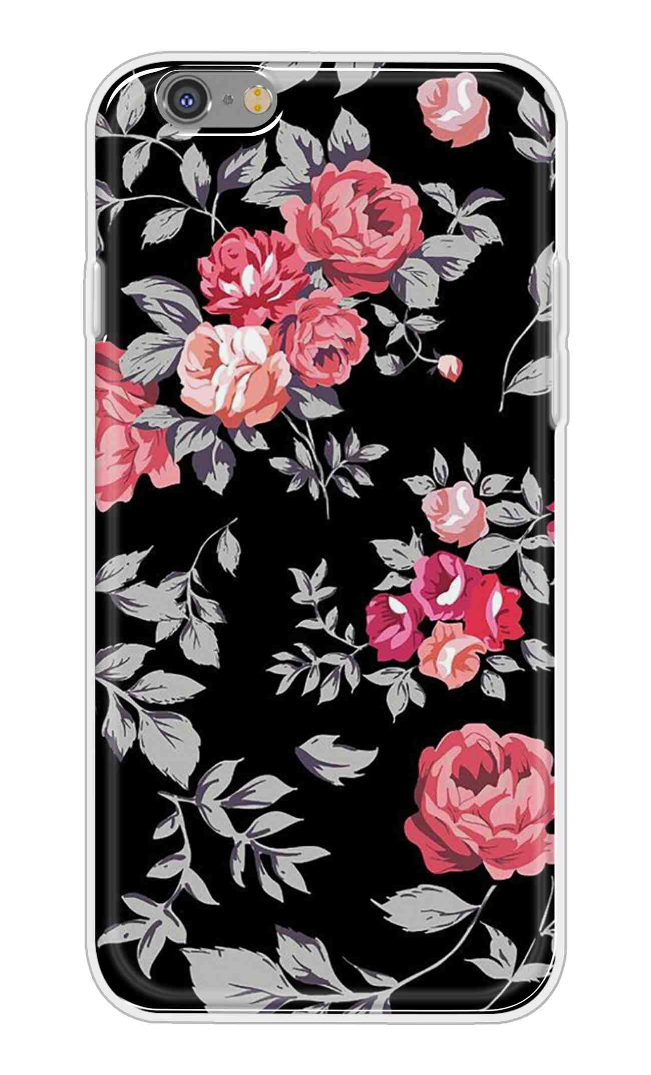 Printed TPU Back Cover For Apple iPhone 6s - Black and Pink Floral D11556