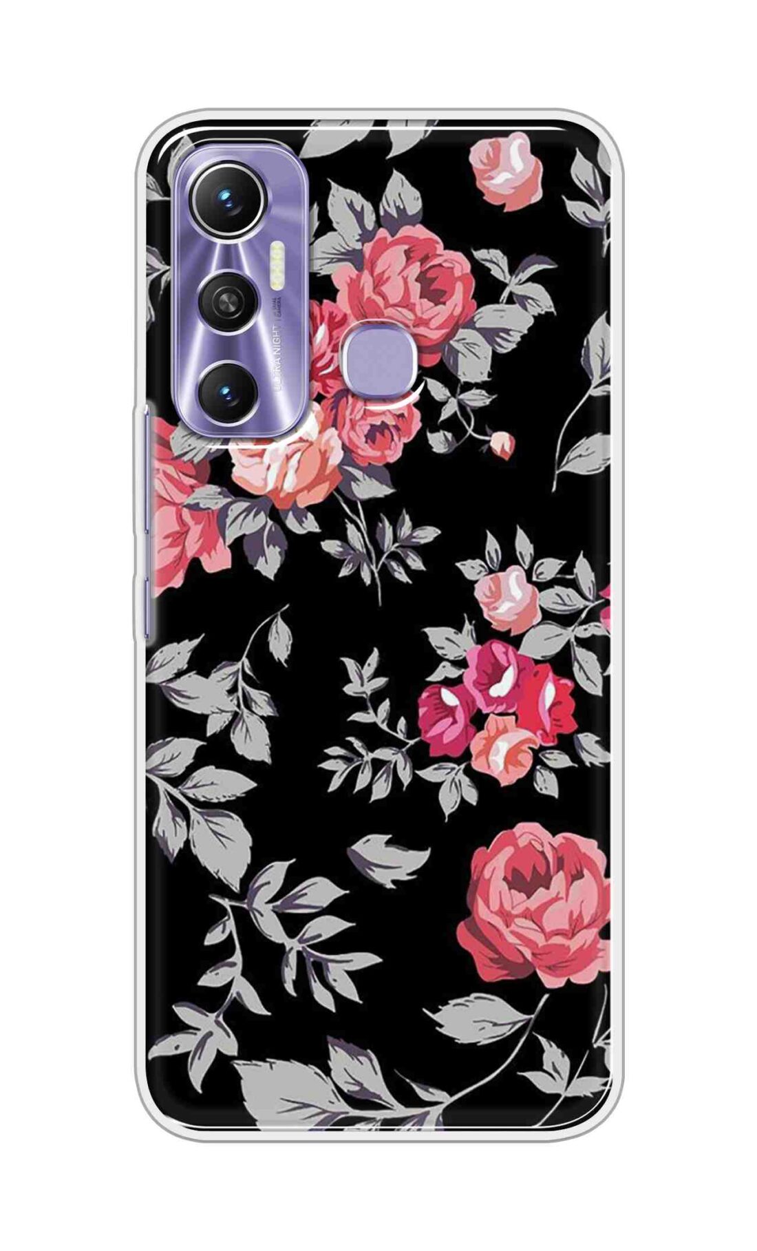 Coberta Back Cover For Infinix Hot 11 Back Cover Stylish Case - Pink Flowers and Grey Leaves Design D11556