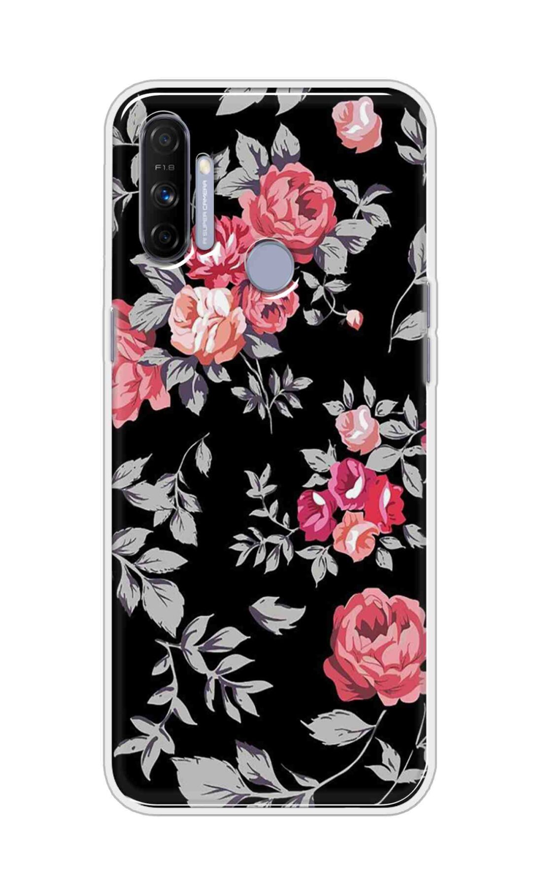 Coberta Back Cover For Realme Narzo 20A Back Cover Stylish Case - Pink Flowers and Grey Leaves Design D11556