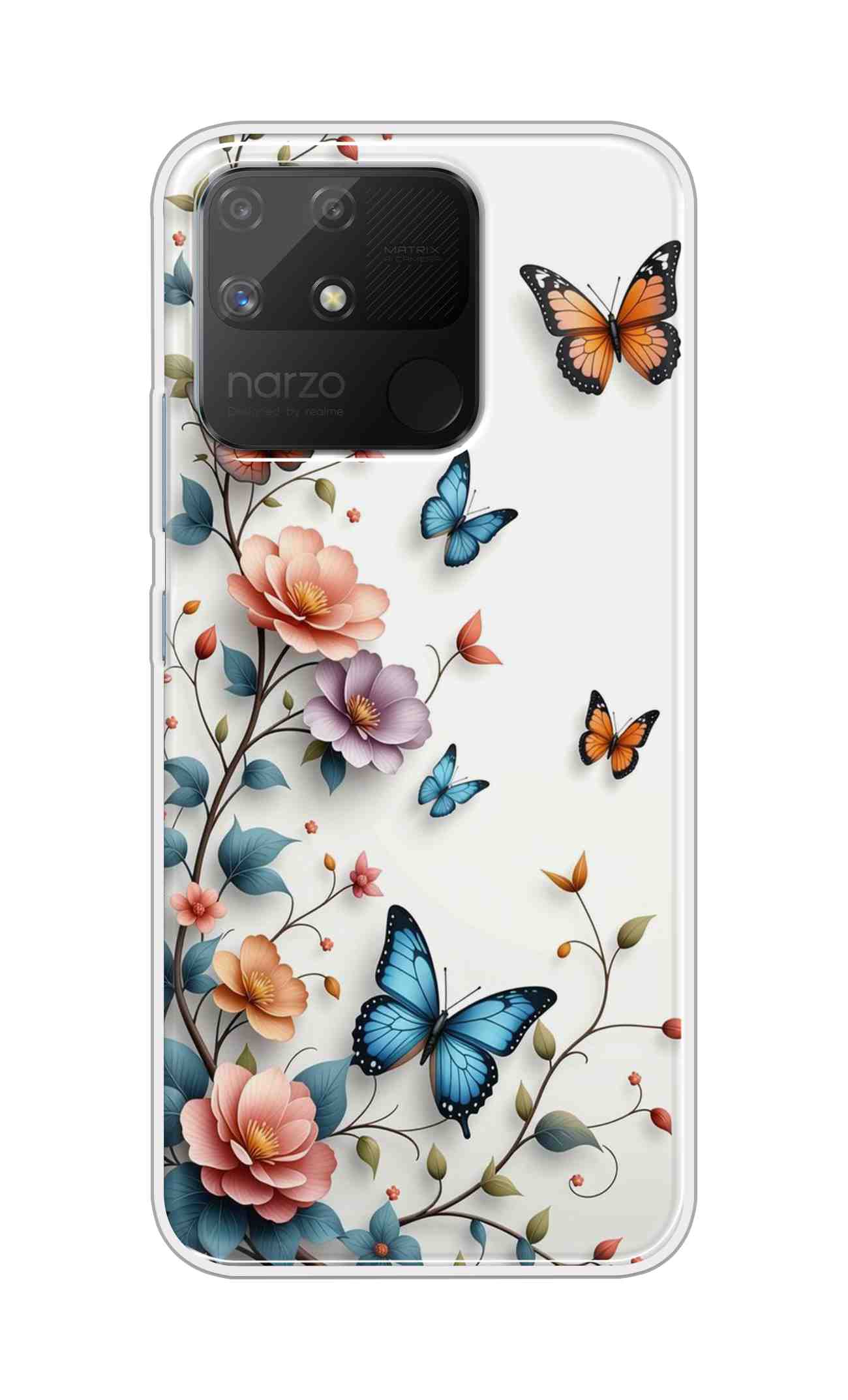 Coberta Back Cover For Realme Narzo 50a Back Cover Stylish Case - Multi Flowers and Butterflyes Design D16617