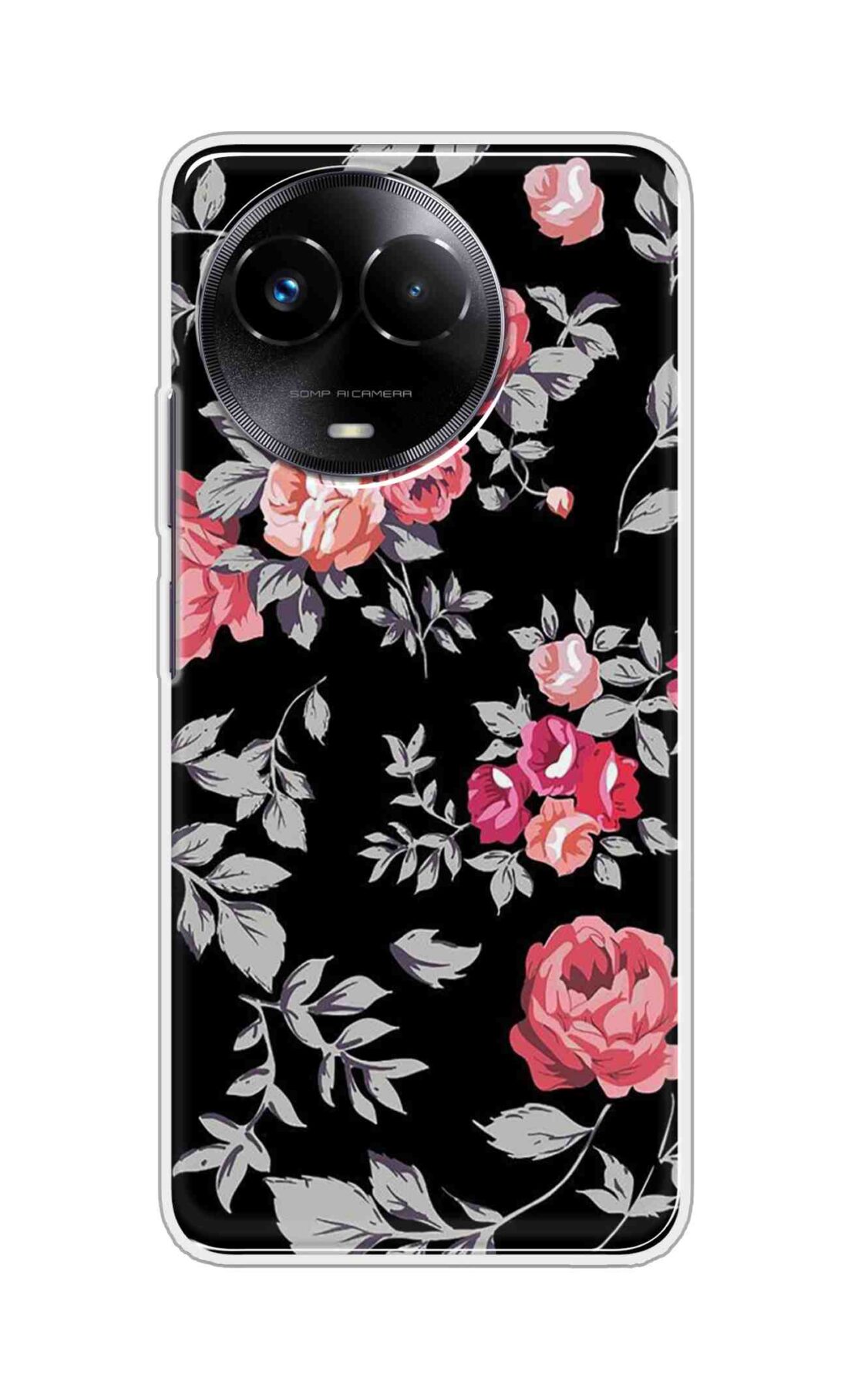 Coberta Back Cover For Realme Narzo 60x Back Cover Stylish Case - Pink Flowers and Grey Leaves Design D11556