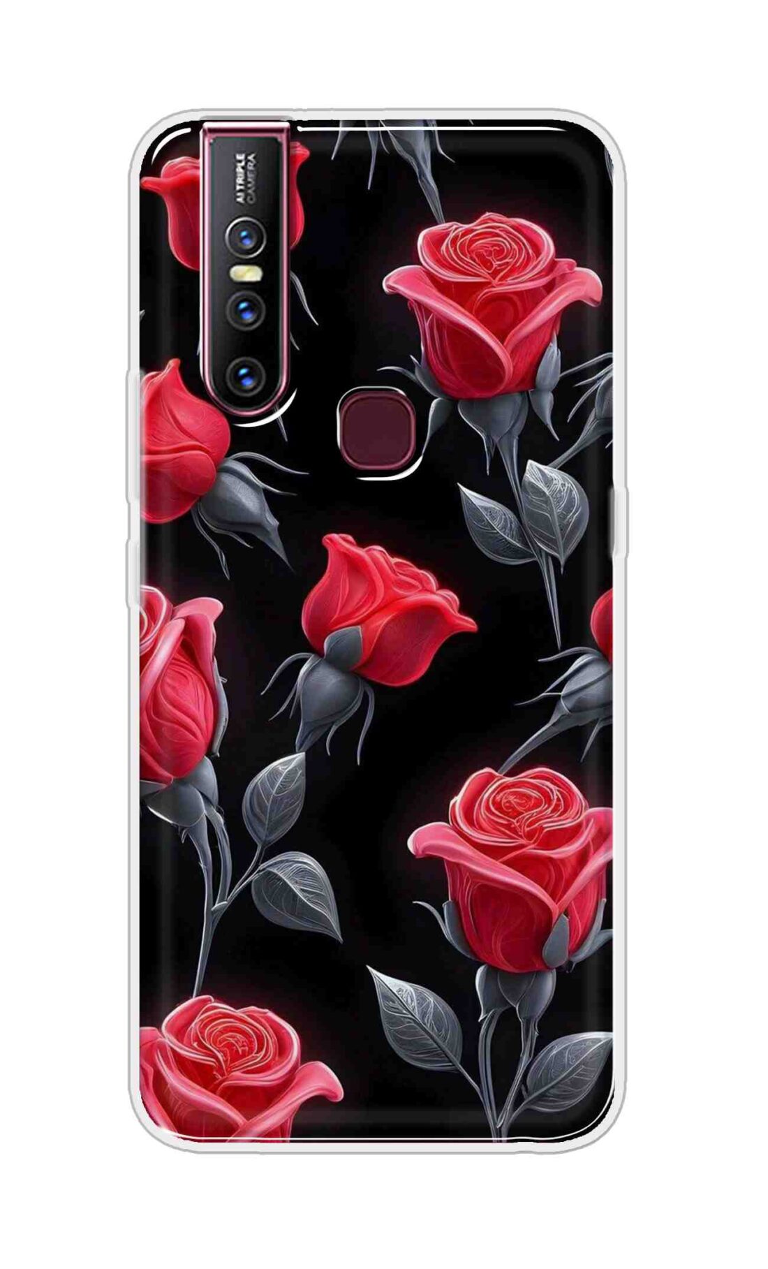 Coberta Back Cover For Vivo V15 Back Cover Stylish Case - Red Rose Flowers in Black Design D16570