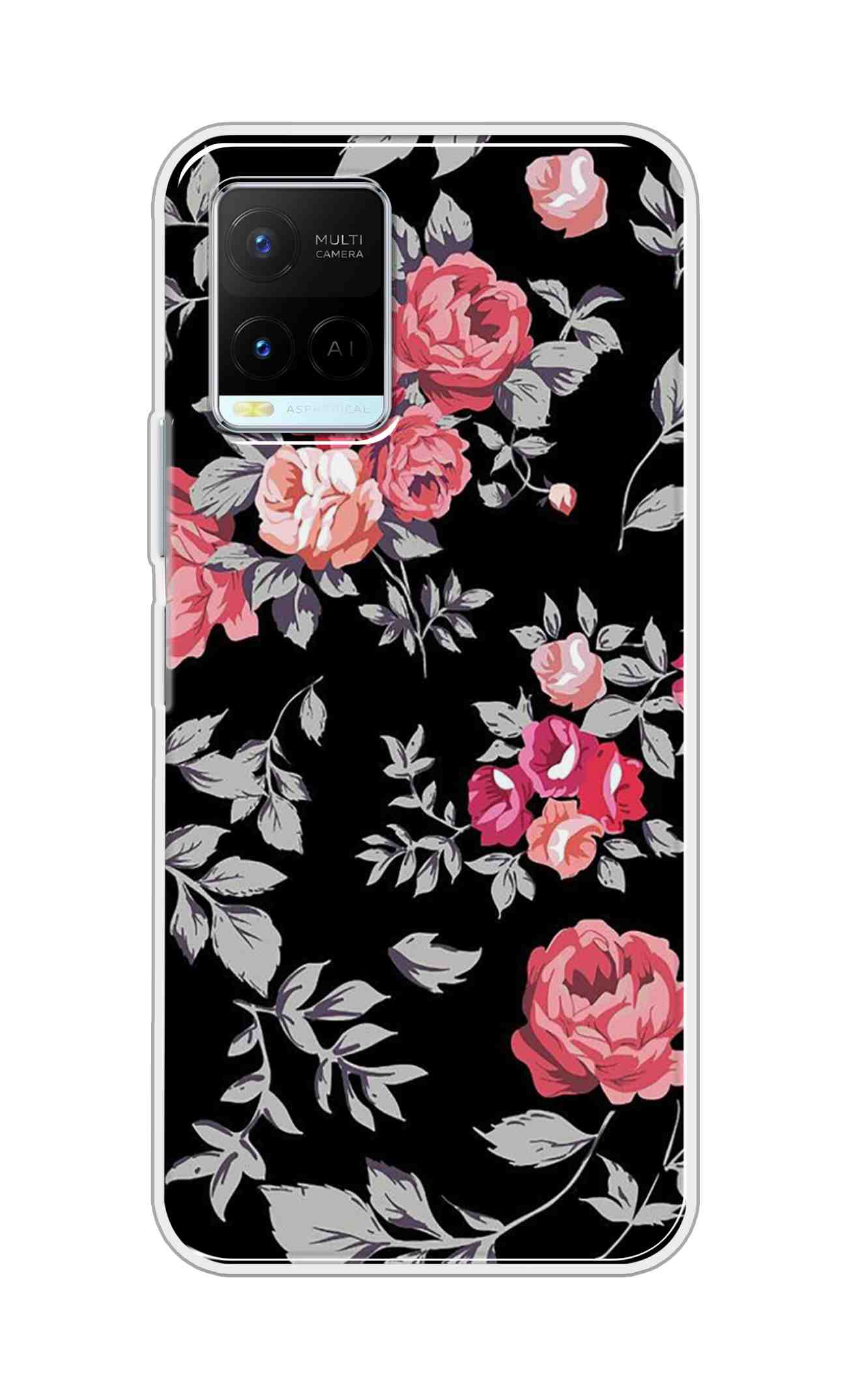 Coberta Back Cover For Vivo Y21 2021 Back Cover Stylish Case - Pink Flowers and Grey Leaves Design D11556