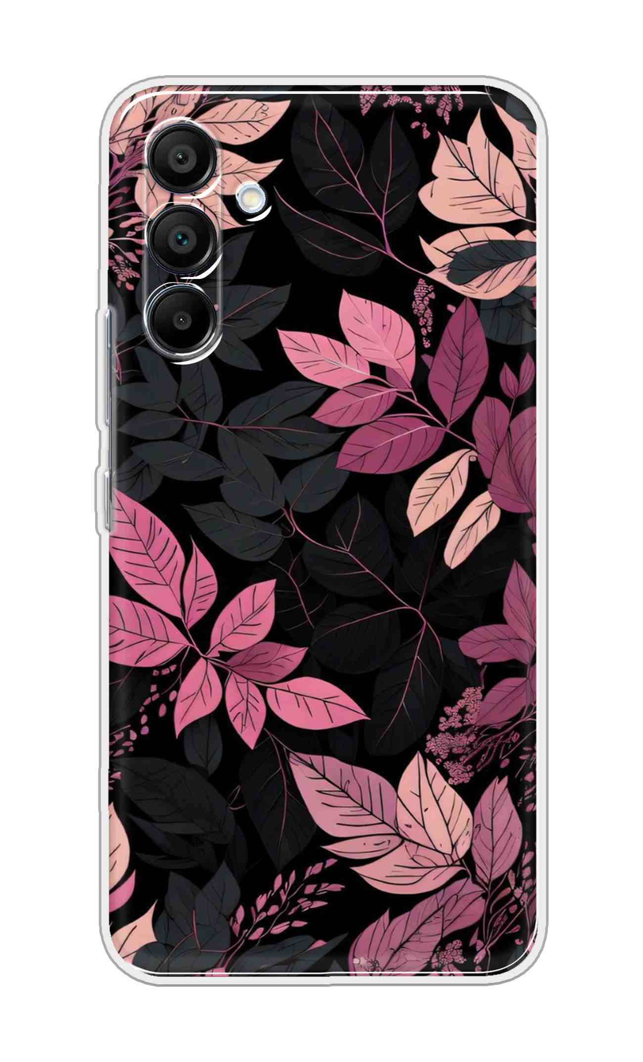 Printed TPU Back Cover For Samsung Galaxy A36 5G - Pink Grey Leaf Black Background D16148