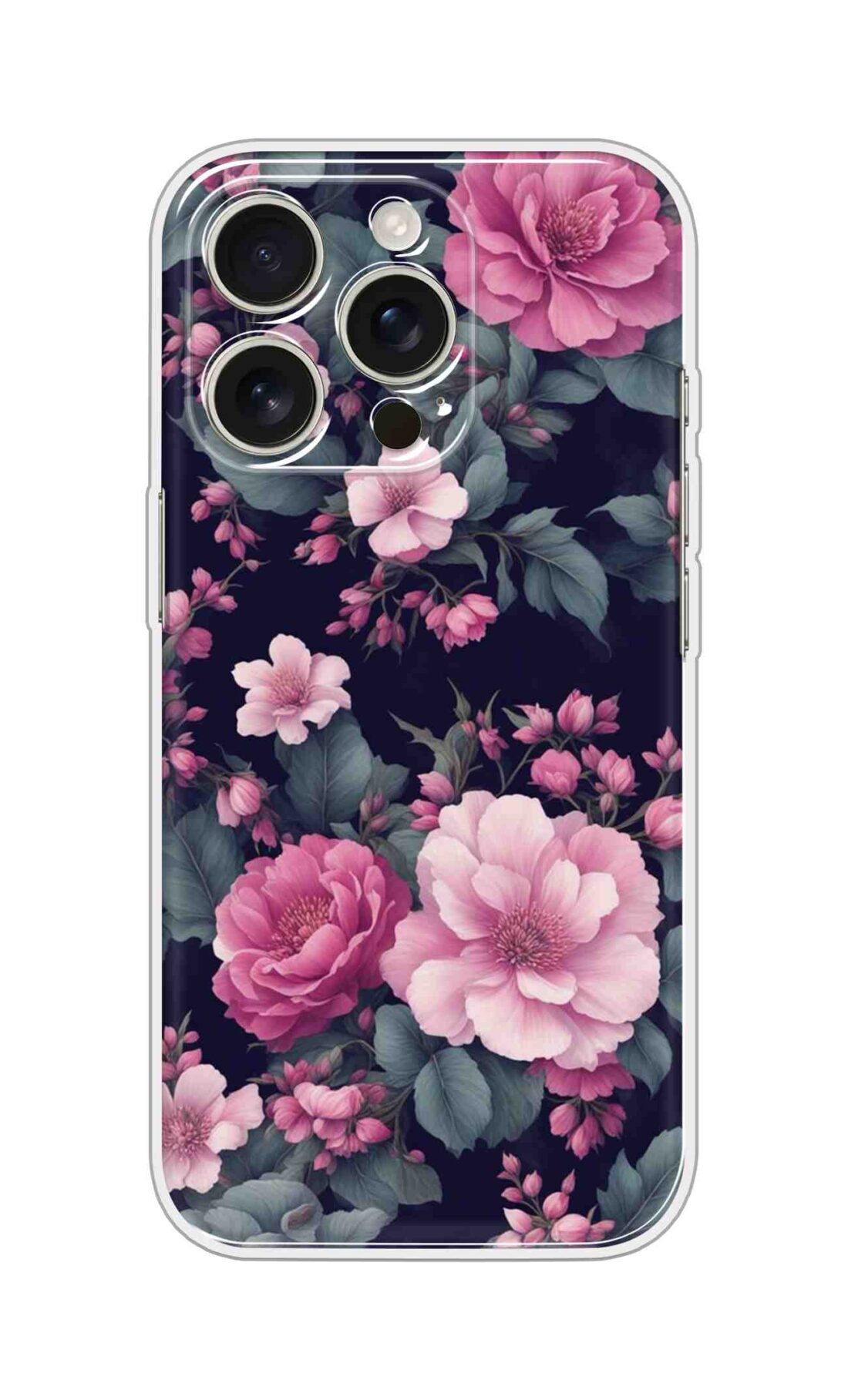 Printed Silicon Cover - Pink Flowers With Green Leaves Design D16646