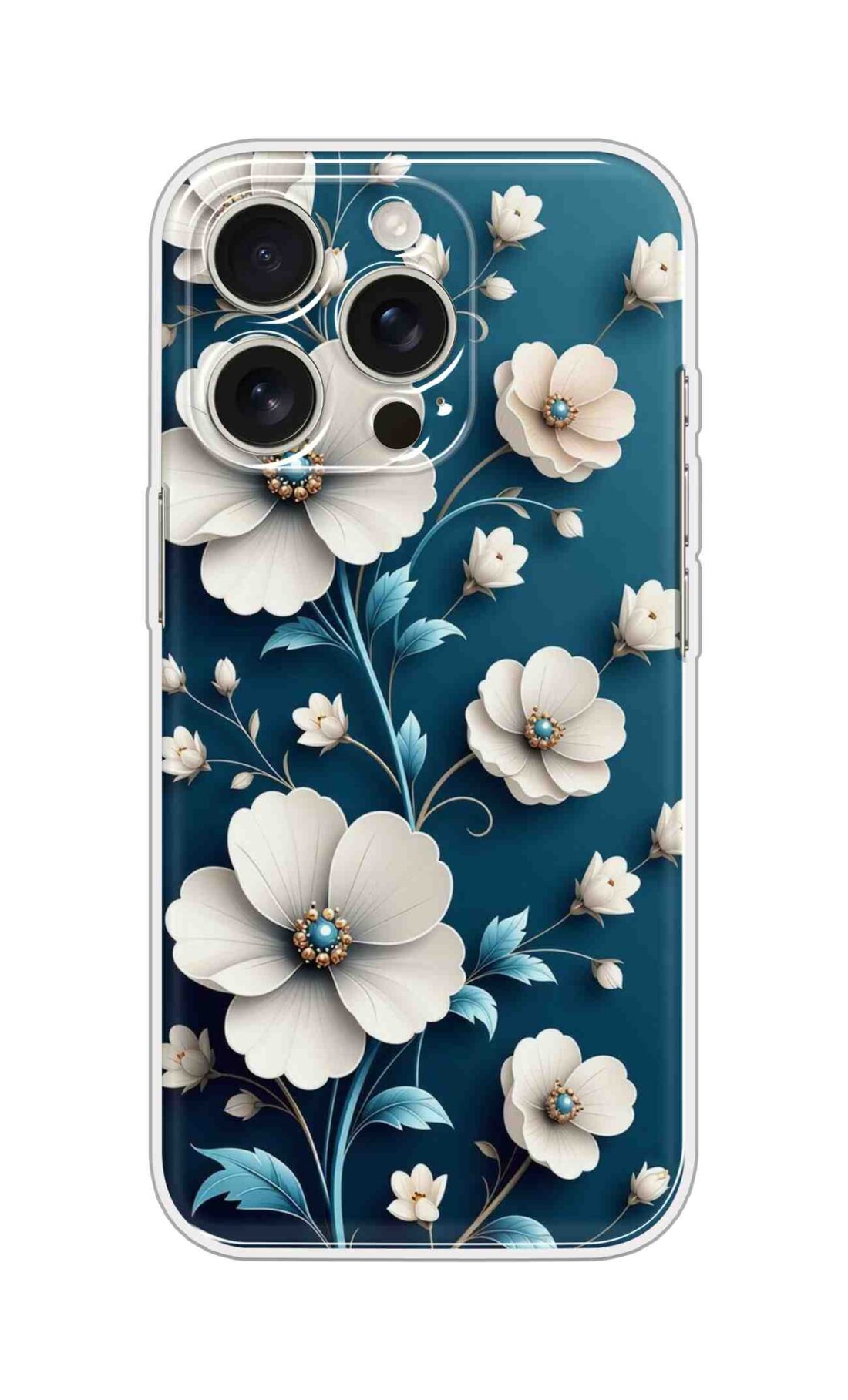 Printed Silicon Cover - White Flowers Design In Blue D16613